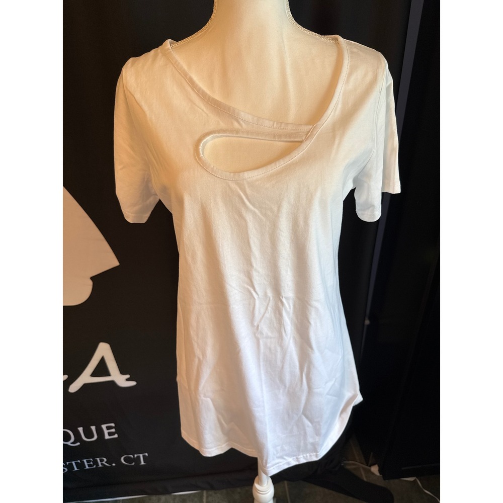 LARACE White Asymmetrical Cutout Neckline Short Sleeve Top Size Large NWT